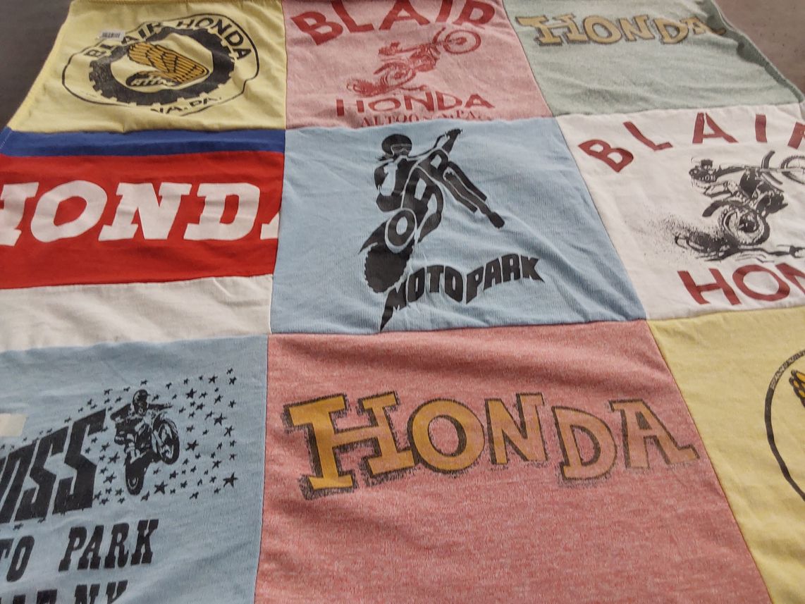 T-shirt quilt with motorcycles, motor sports themes by Cheryl from FL