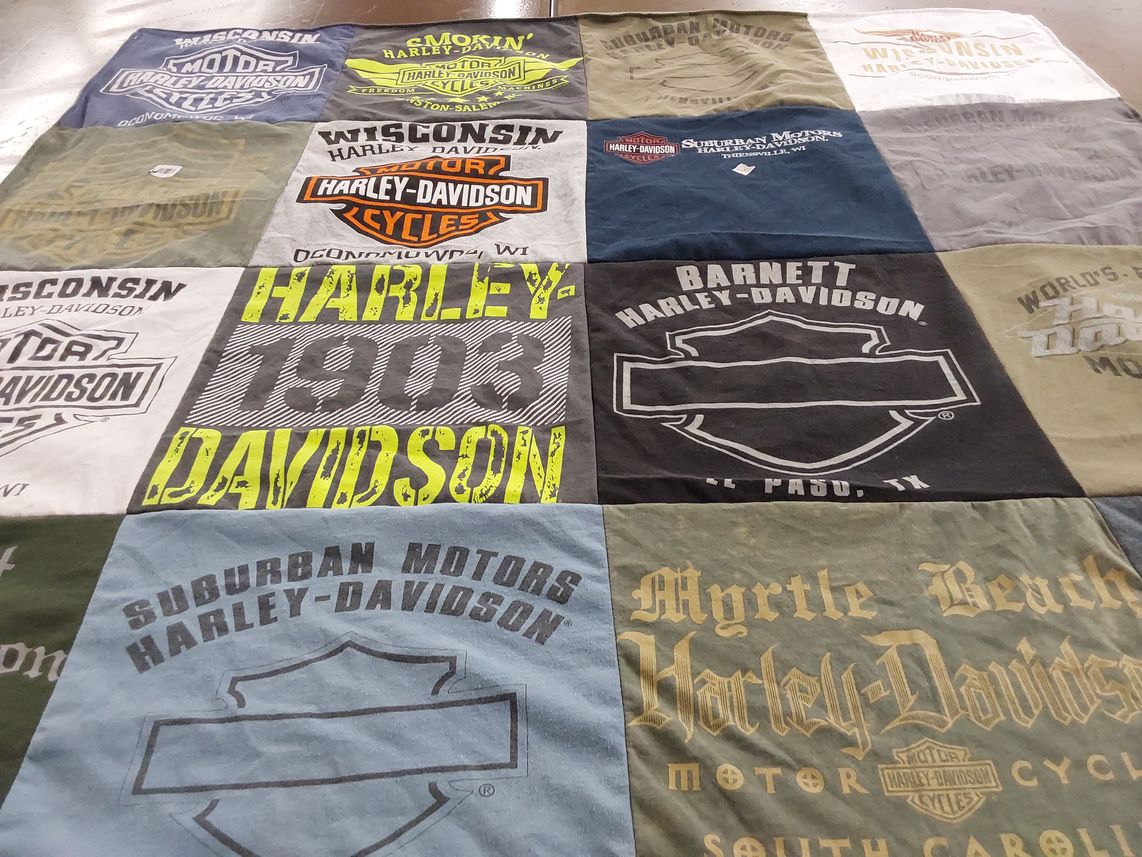 T-shirt quilt with motorcycles, biking themes by Maycee from NC