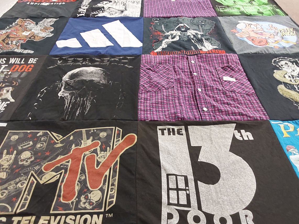 T-shirt quilt with music, horror movies themes by Lenell from IN