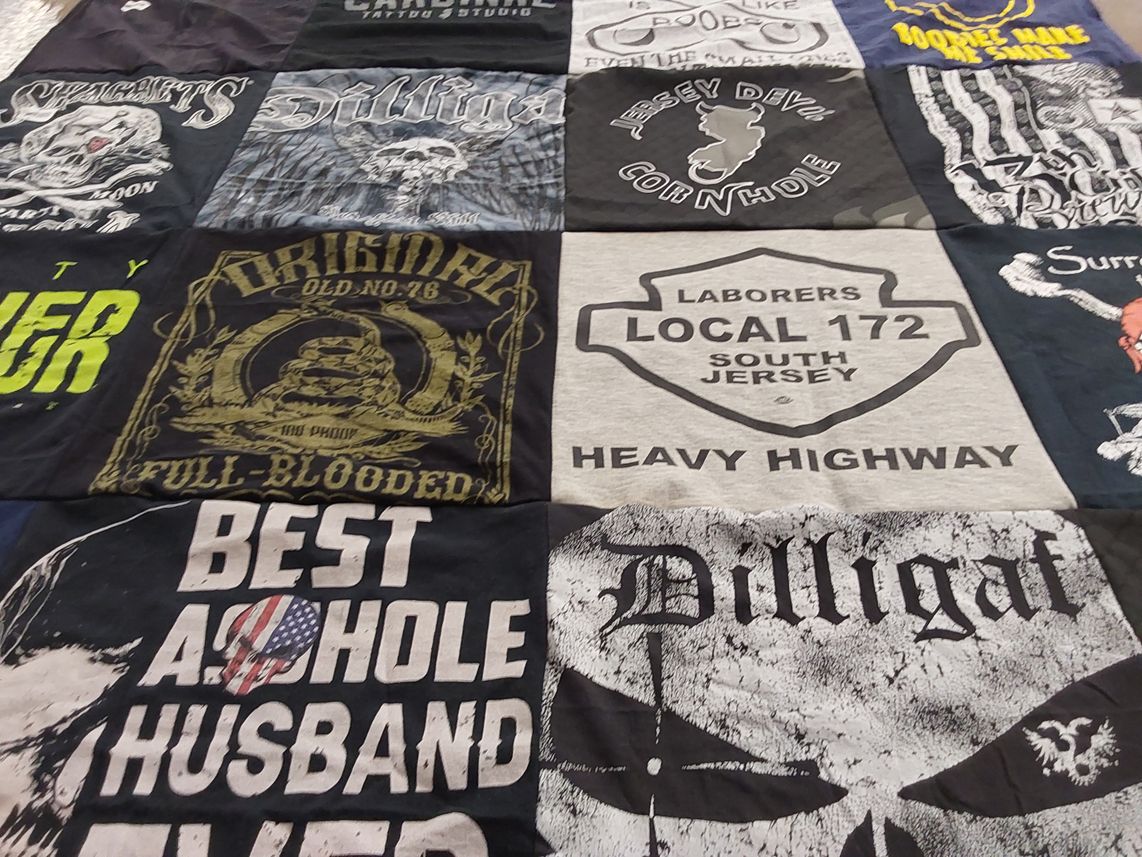 T-shirt quilt with trucking, tattoo art themes by Nancy from FL