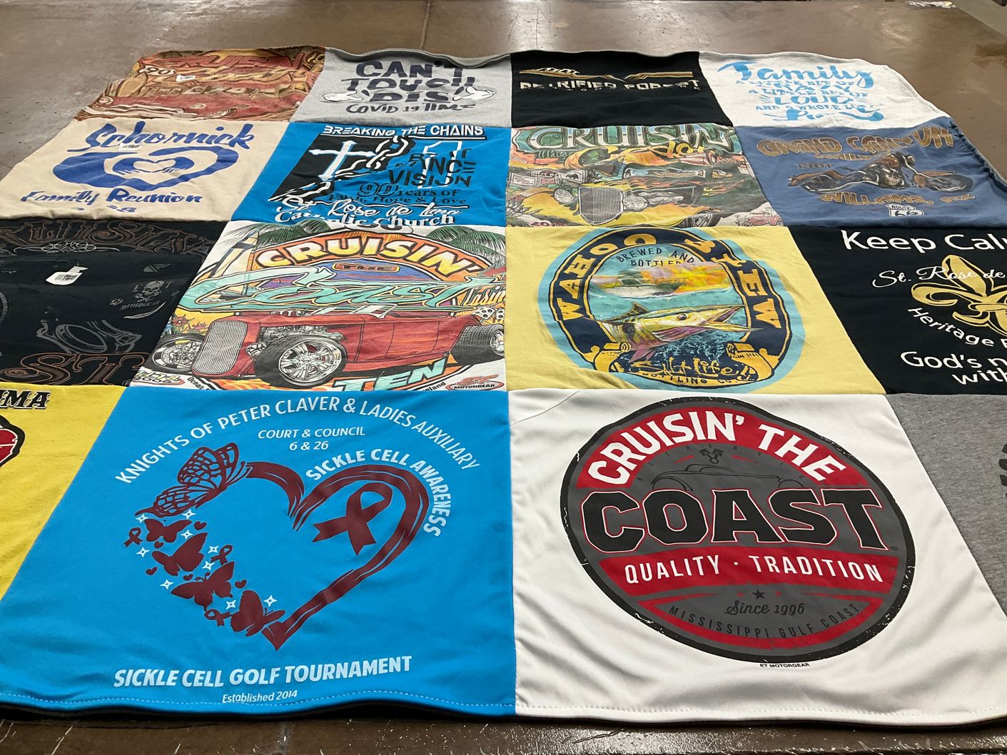 T-shirt quilt with family reunions, sickle cell awareness themes by Glenda from NV