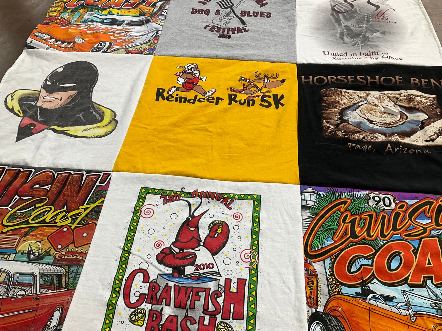 T-shirt quilt with crawfish, bbq themes by Glenda from TX