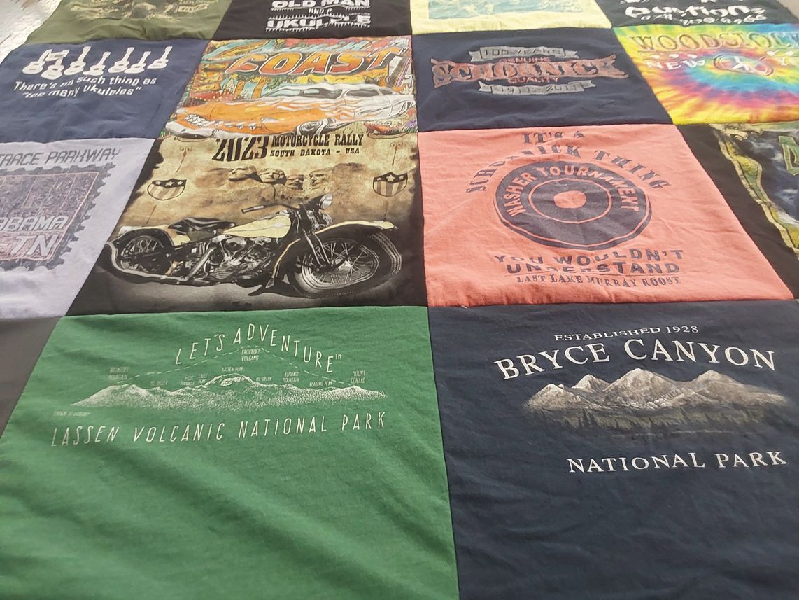 T-shirt quilt with motorcycles, national parks themes by Glenda from MS