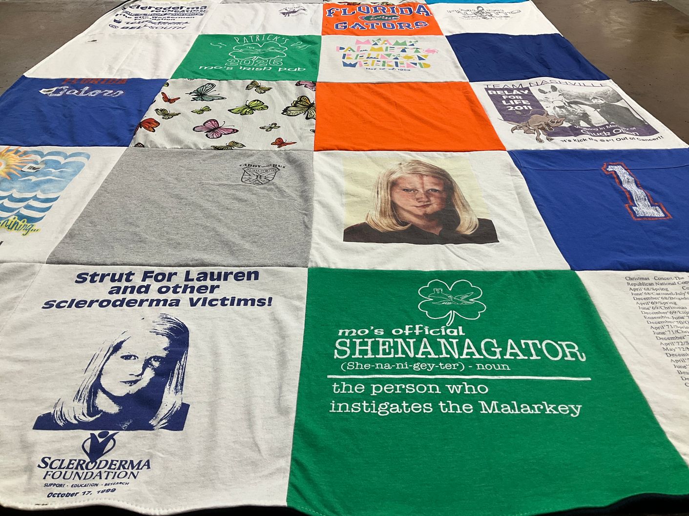 T-shirt quilt with scleroderma awareness, charity themes by Marsi from WI
