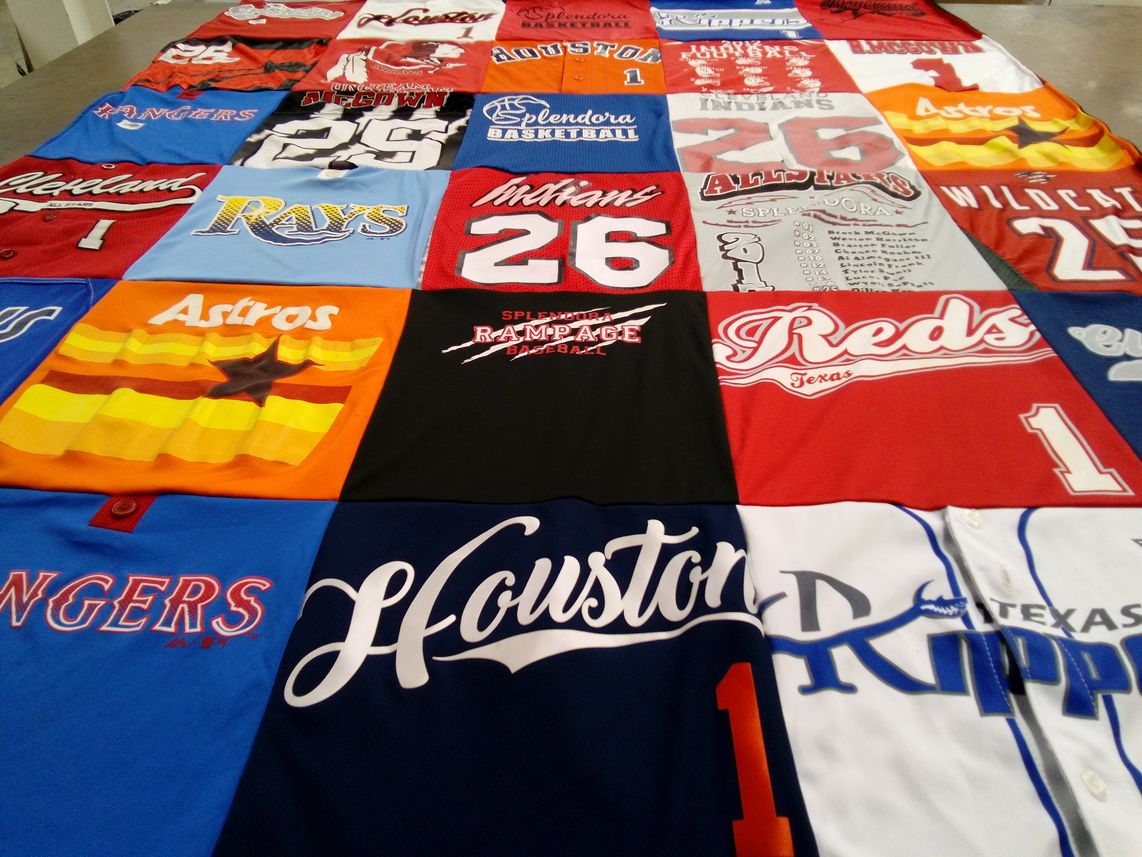 T-shirt quilt with sports, baseball themes by Kelly from TX