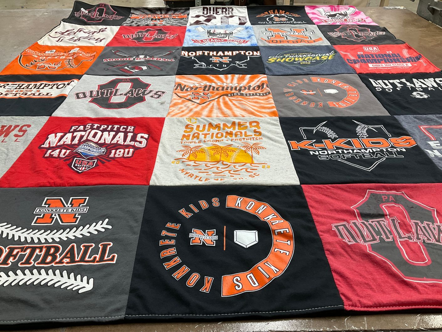 T-shirt quilt with softball, youth sports themes by Judy from PA