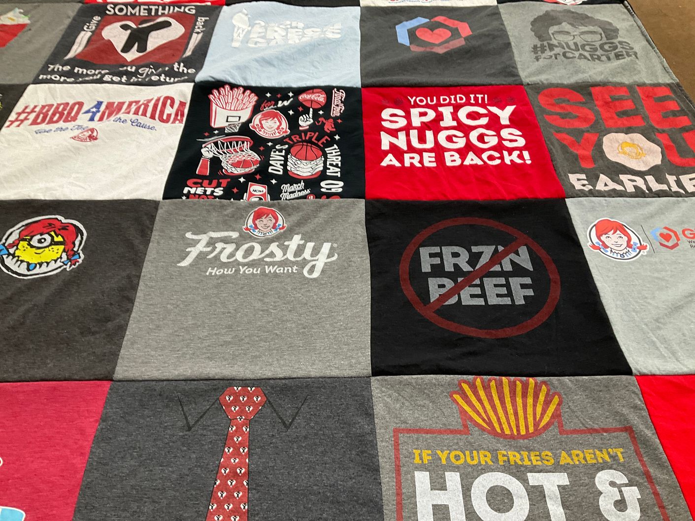 T-shirt quilt with food, fast food themes by Emily from OH