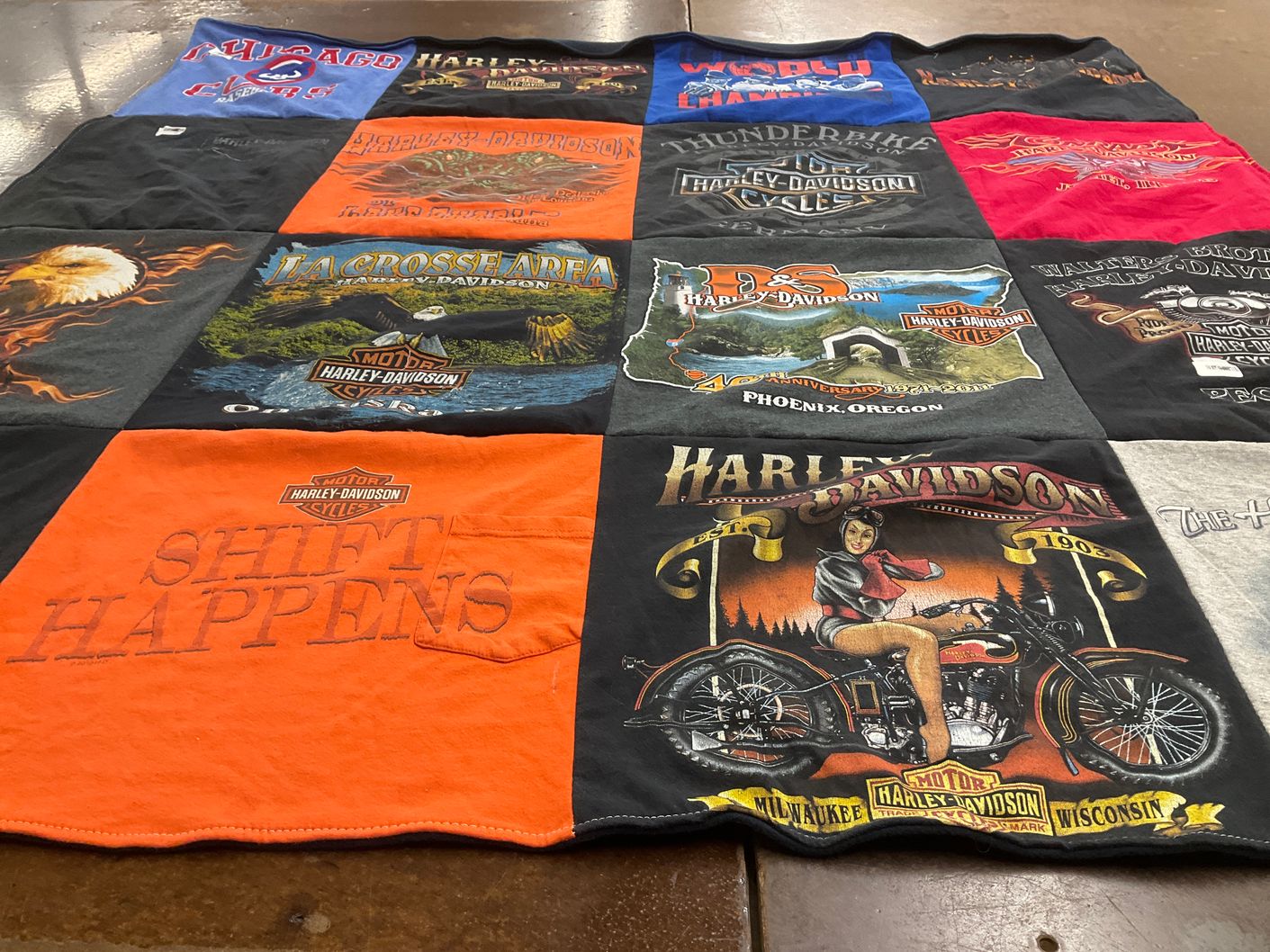 T-shirt quilt with motorcycles, biking themes by Michelle from TN