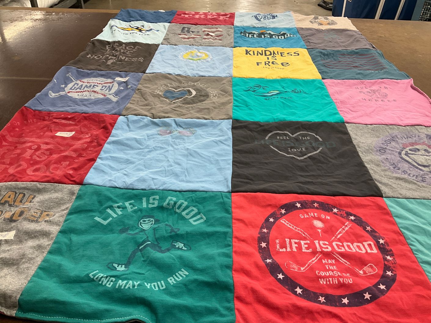 T-shirt quilt with positivity, outdoor activities themes by Patricia from NY