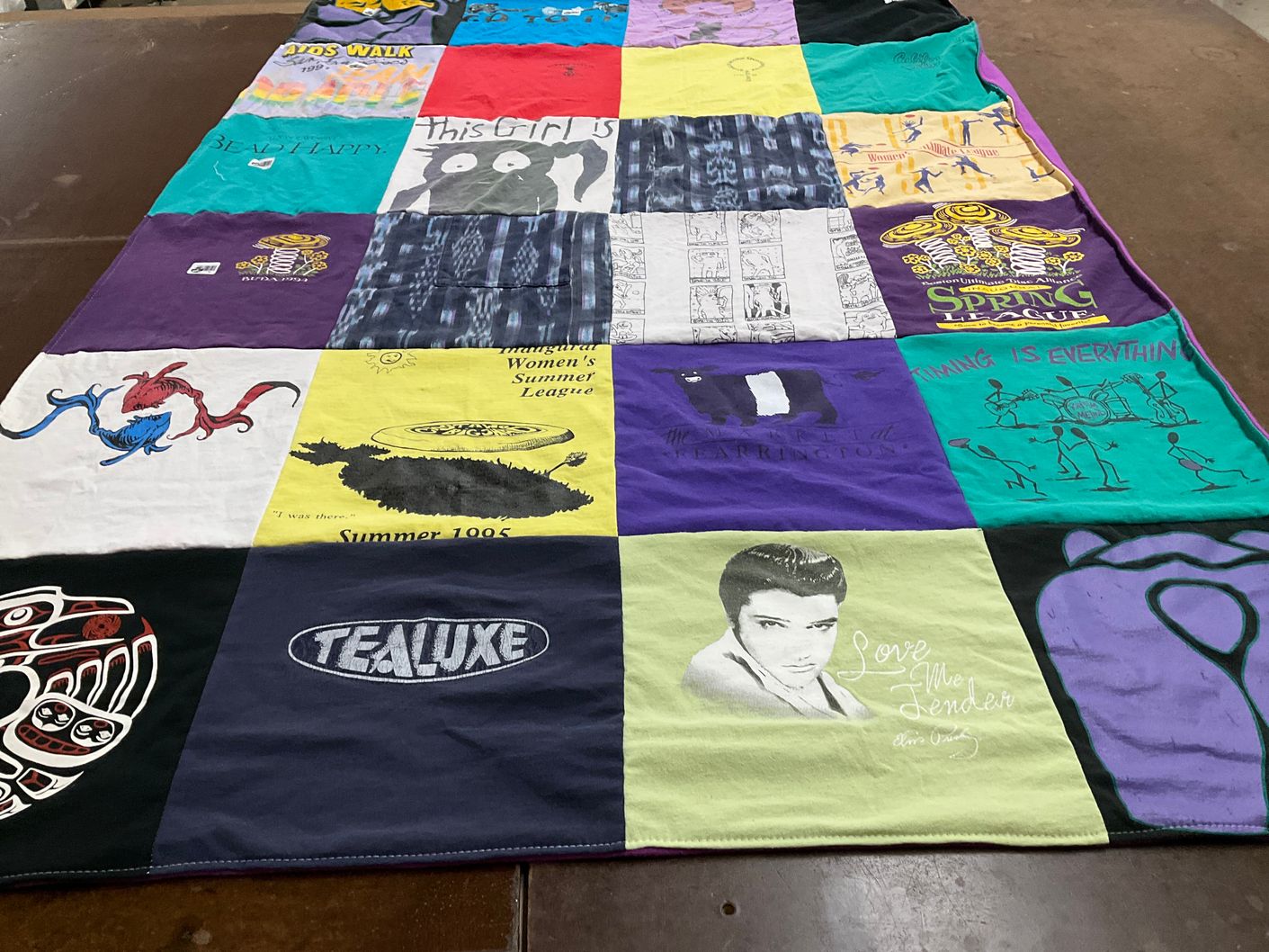 T-shirt quilt with music, art themes by Lise from CA