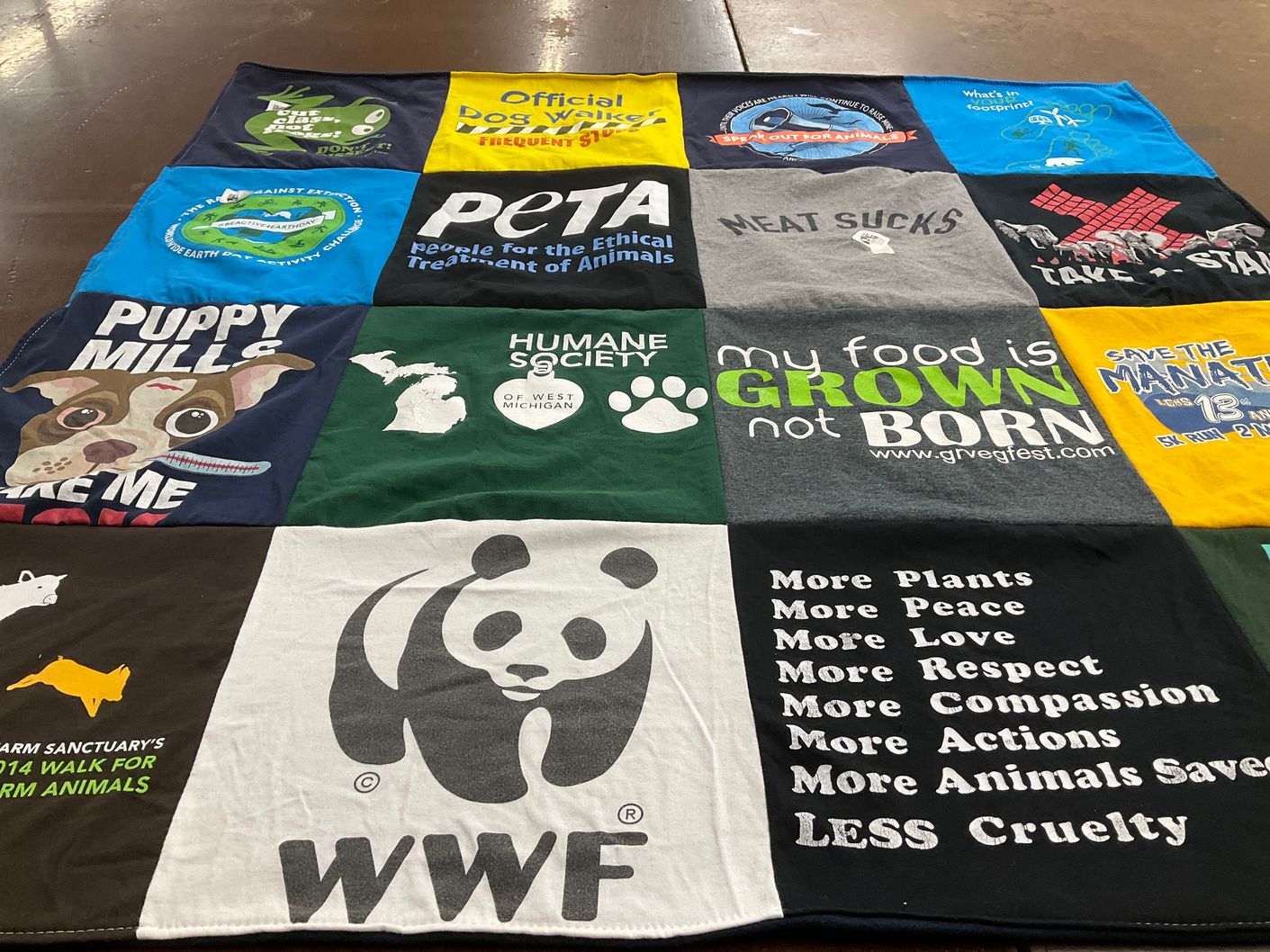 T-shirt quilt with animal rights, veganism themes by Kelee from MI