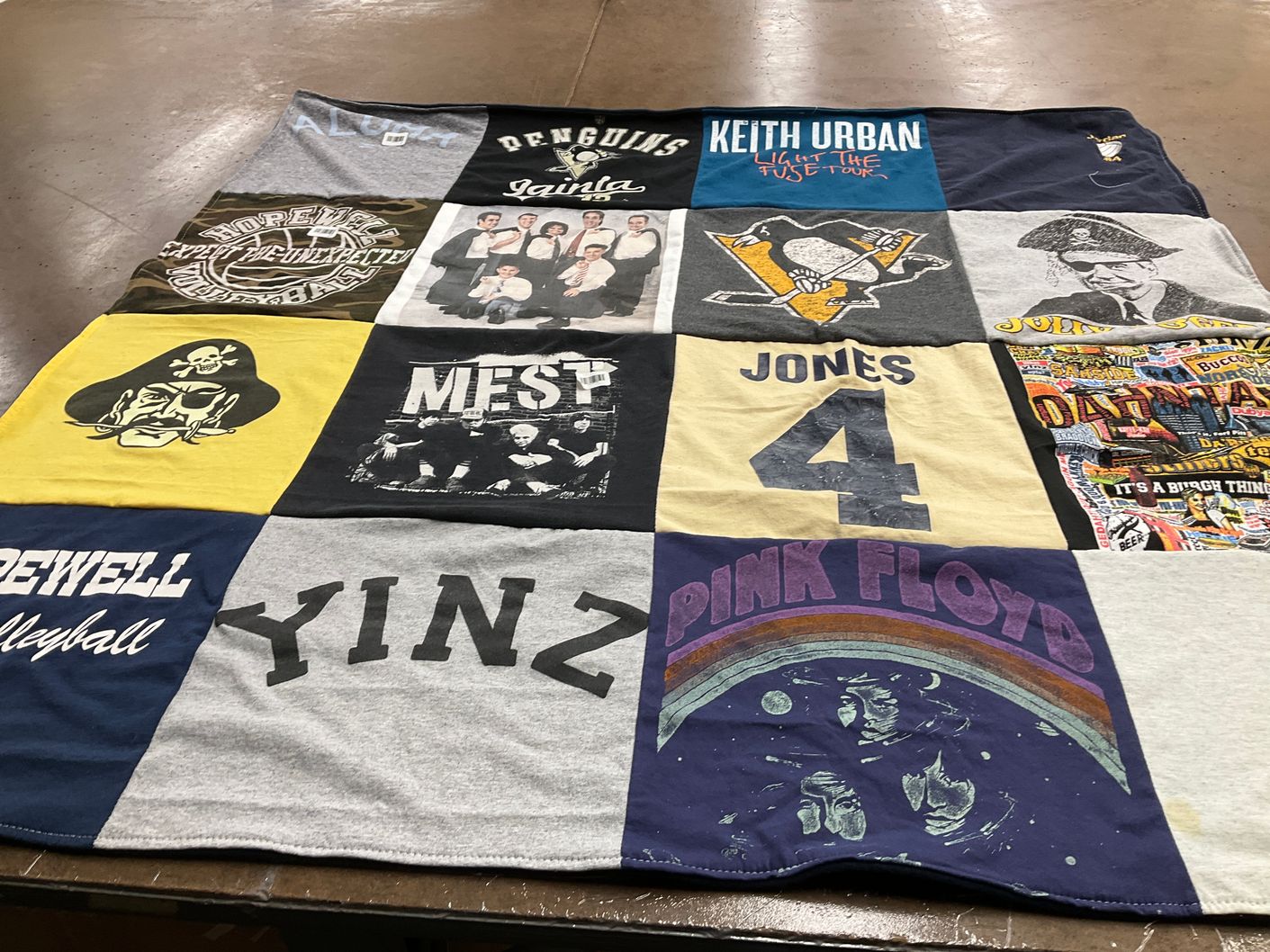 T-shirt quilt with music, sports themes by Joyce from PA