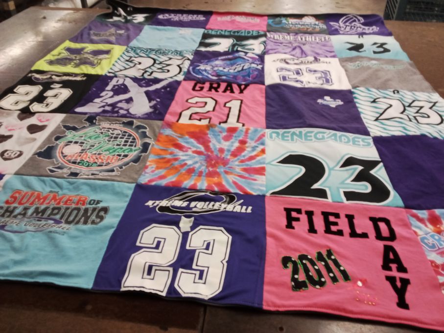 T-shirt quilt with sports, volleyball themes by Eddie from TX