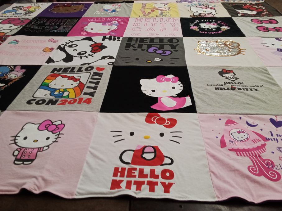 T-shirt quilt with hello kitty, anime themes by Sharon from TX
