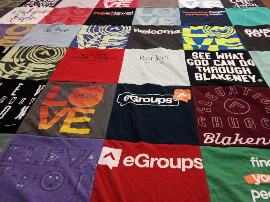 T-shirt quilt with community, faith themes by Kristen from NC
