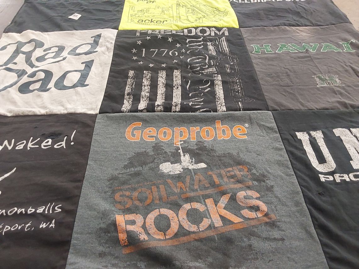 T-shirt quilt with family, geology themes by Heather from WA