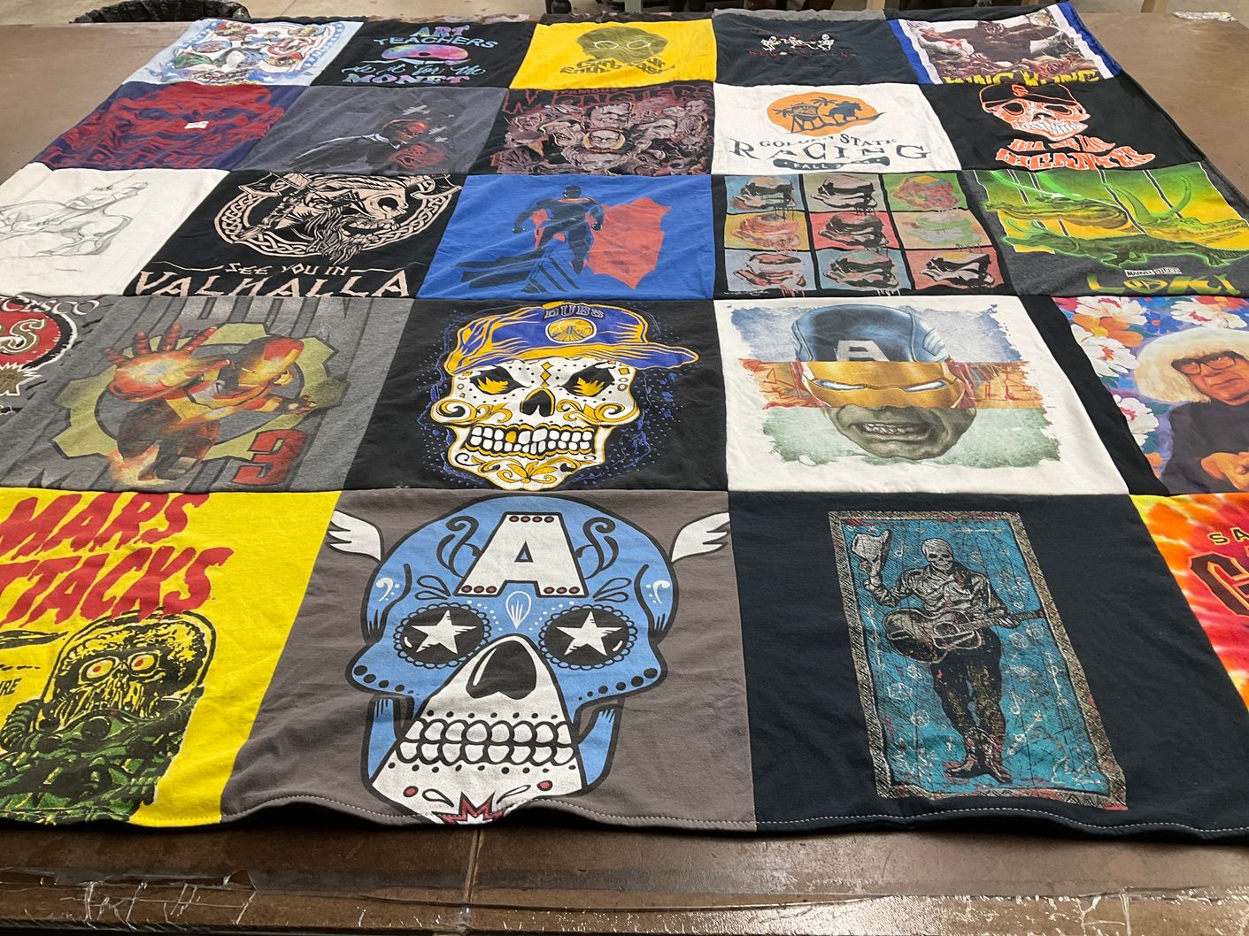 T-shirt quilt with pop culture, comics themes by Charisse from CA