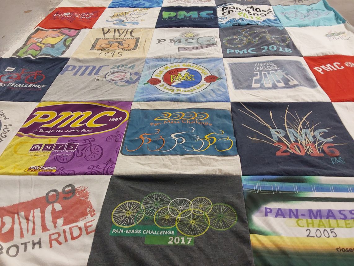 T-shirt quilt with cycling, charity events themes by Jaime from CO