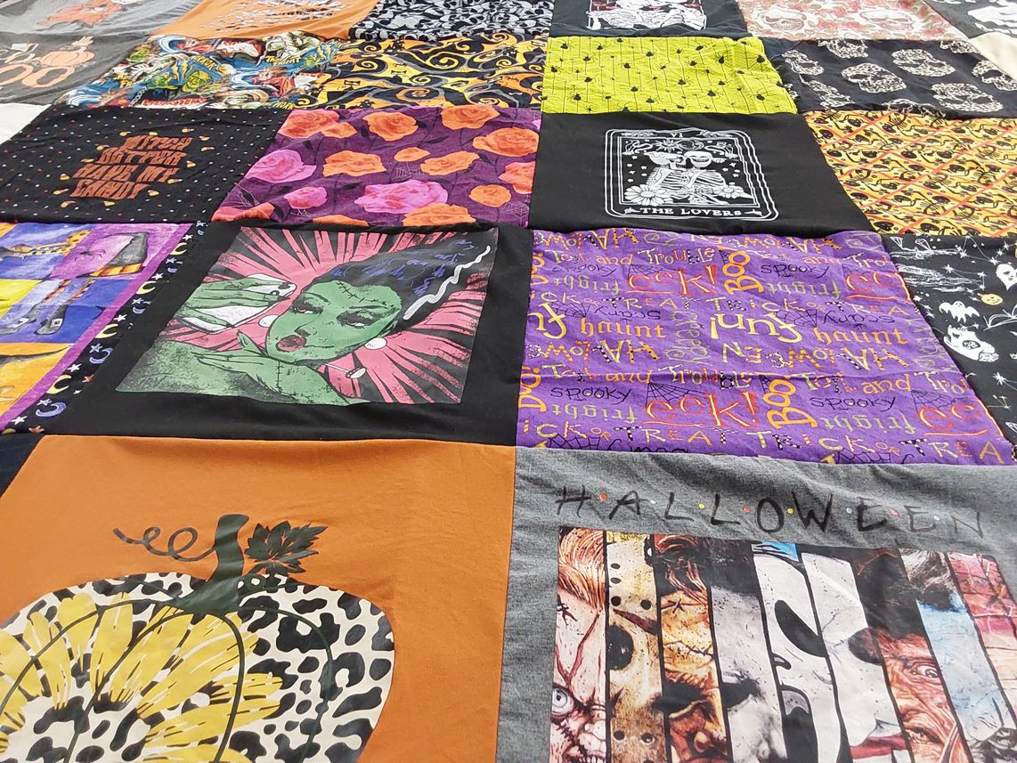 T-shirt quilt with halloween, spooky themes themes by Mary Beth from NC