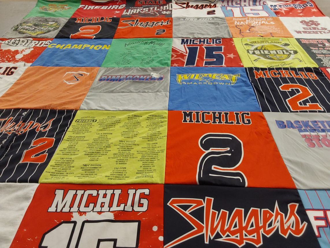 T-shirt quilt with sports, softball themes by Wendy from IL