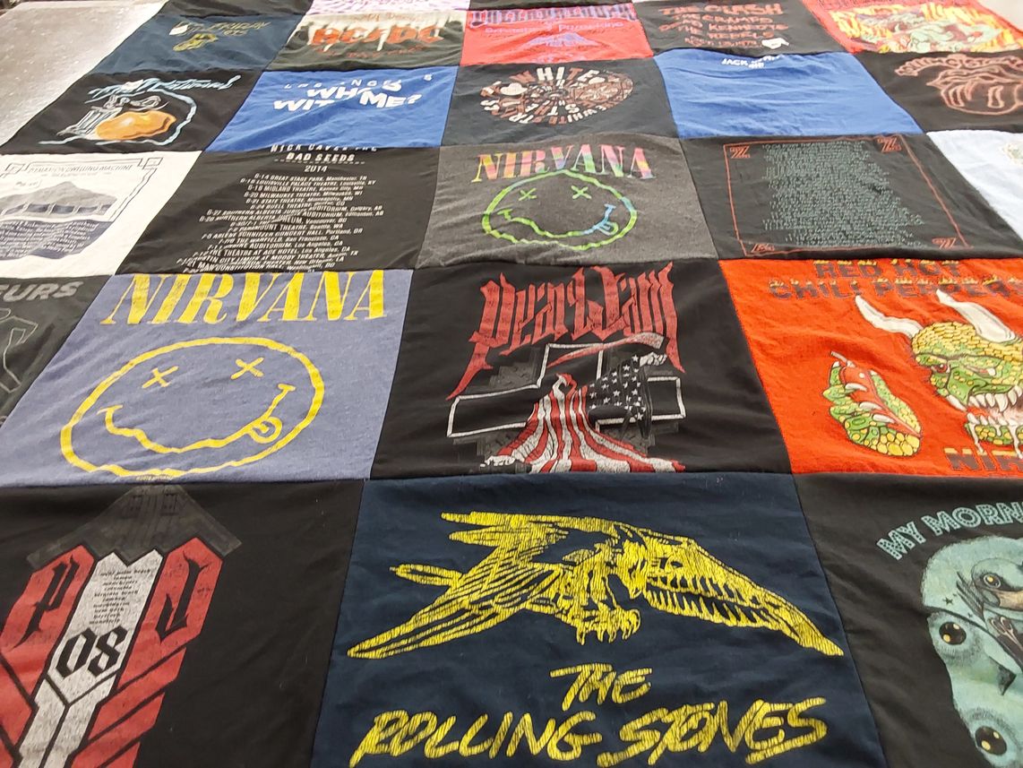 T-shirt quilt with music, rock themes by Karisa from CA