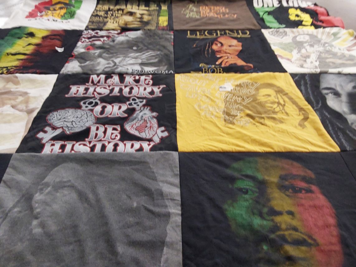 T-shirt quilt with music, reggae themes by Collette from NV