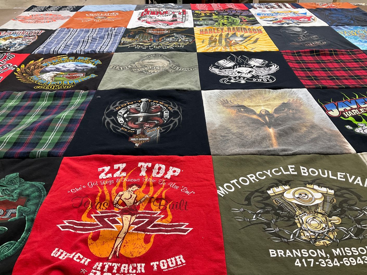 T-shirt quilt with motorcycles, music themes by Teresa R from IA