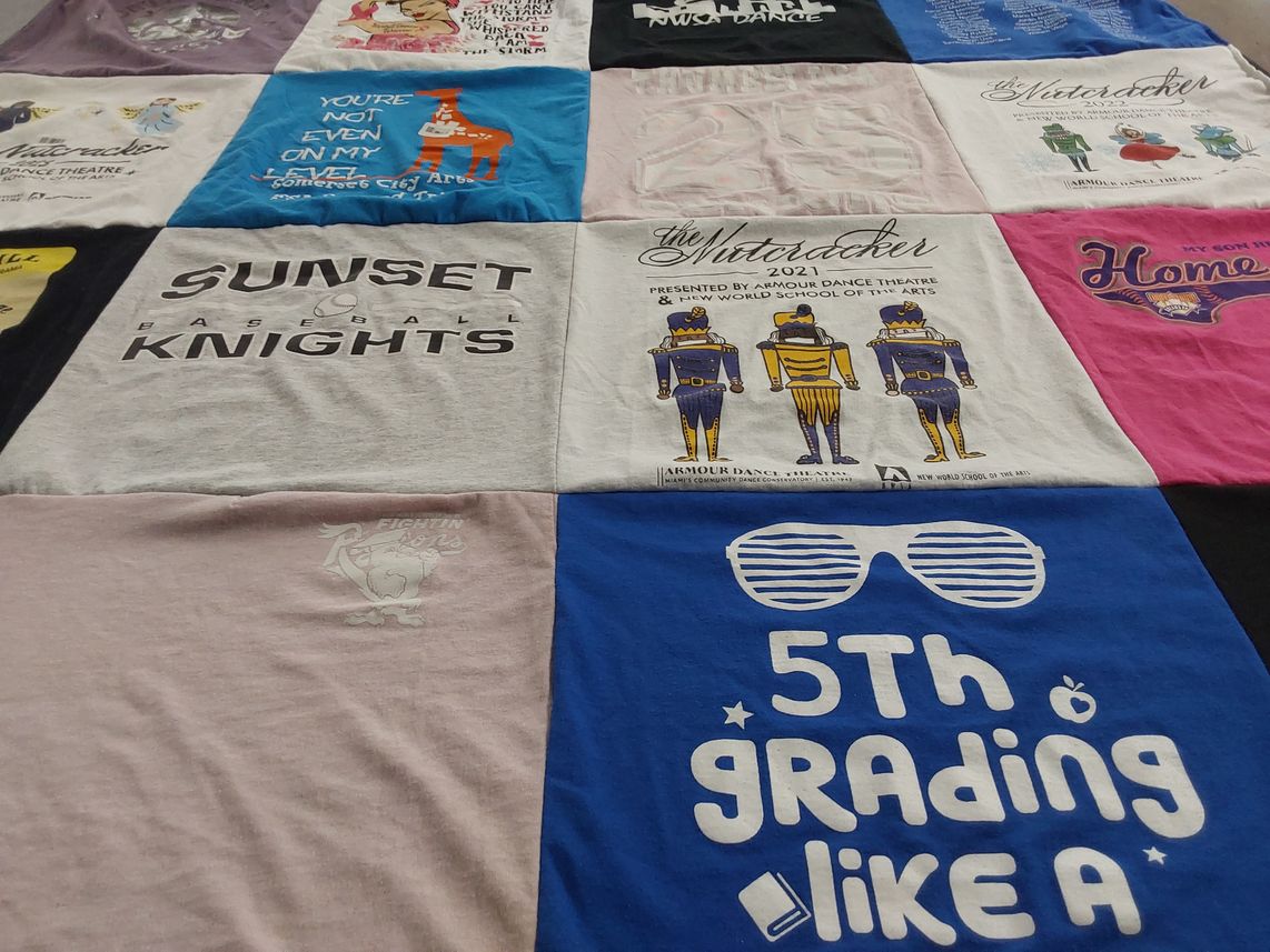 T-shirt quilt with dance, theater themes by Dania from FL