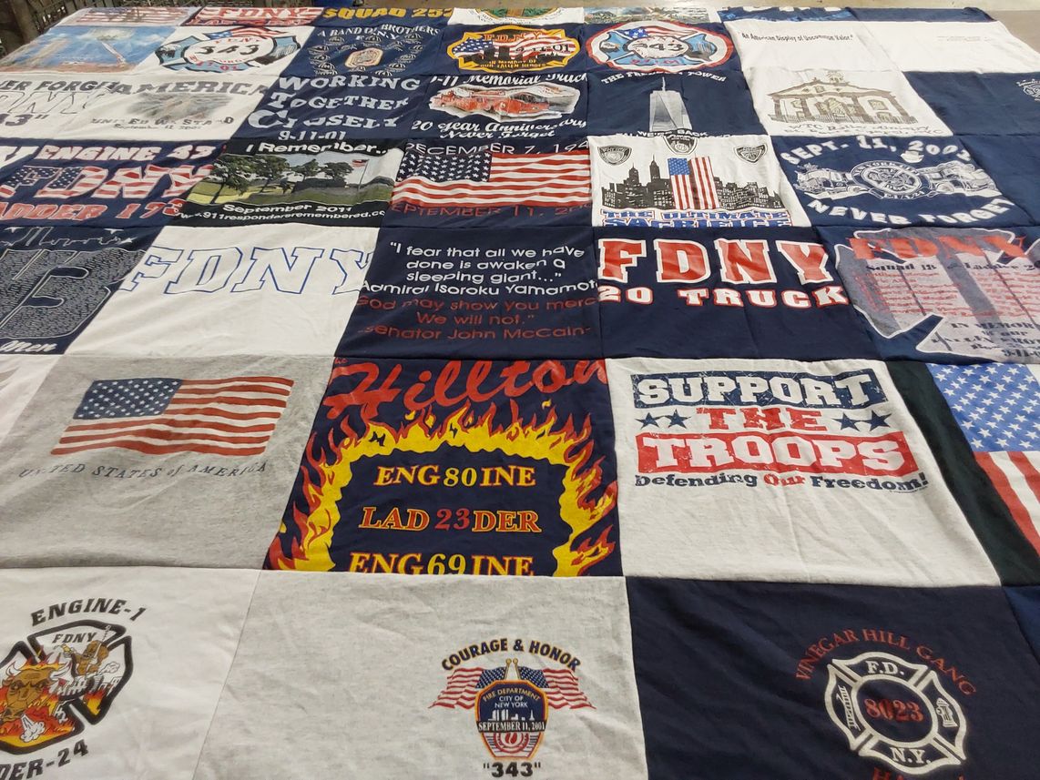 T-shirt quilt with firefighting, patriotism themes by Michael from NY