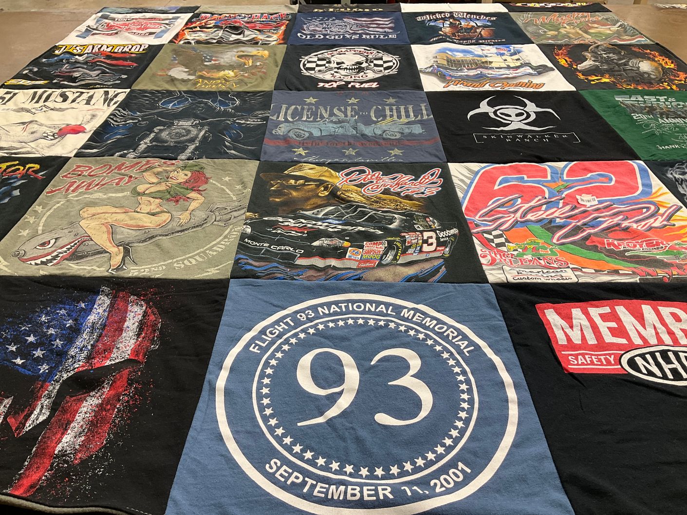 T-shirt quilt with cars, motorsports themes by Peggy from OH