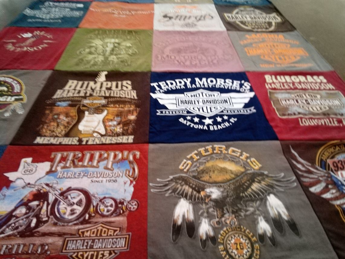 T-shirt quilt with motorcycles, biking themes by Eileen from AZ