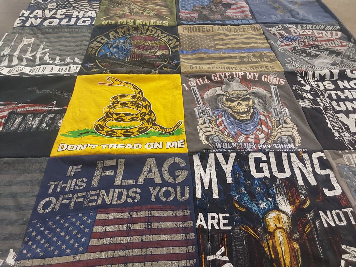 T-shirt quilt with firearms, patriotism themes by DAWN from FL