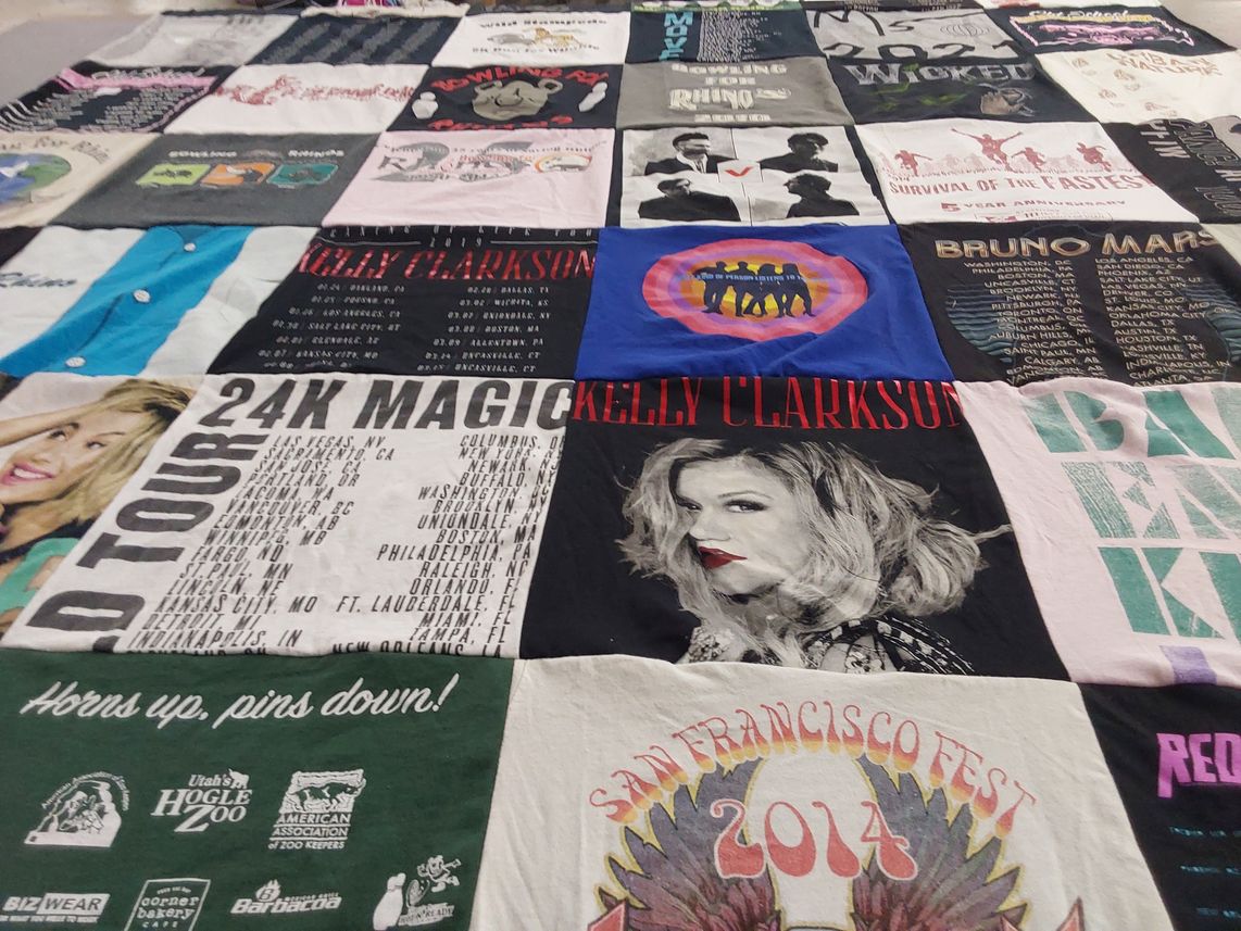 T-shirt quilt with music, concerts themes by Deana from UT