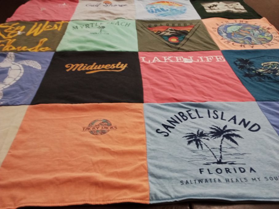 T-shirt quilt with beach, travel themes by Katherine from WI