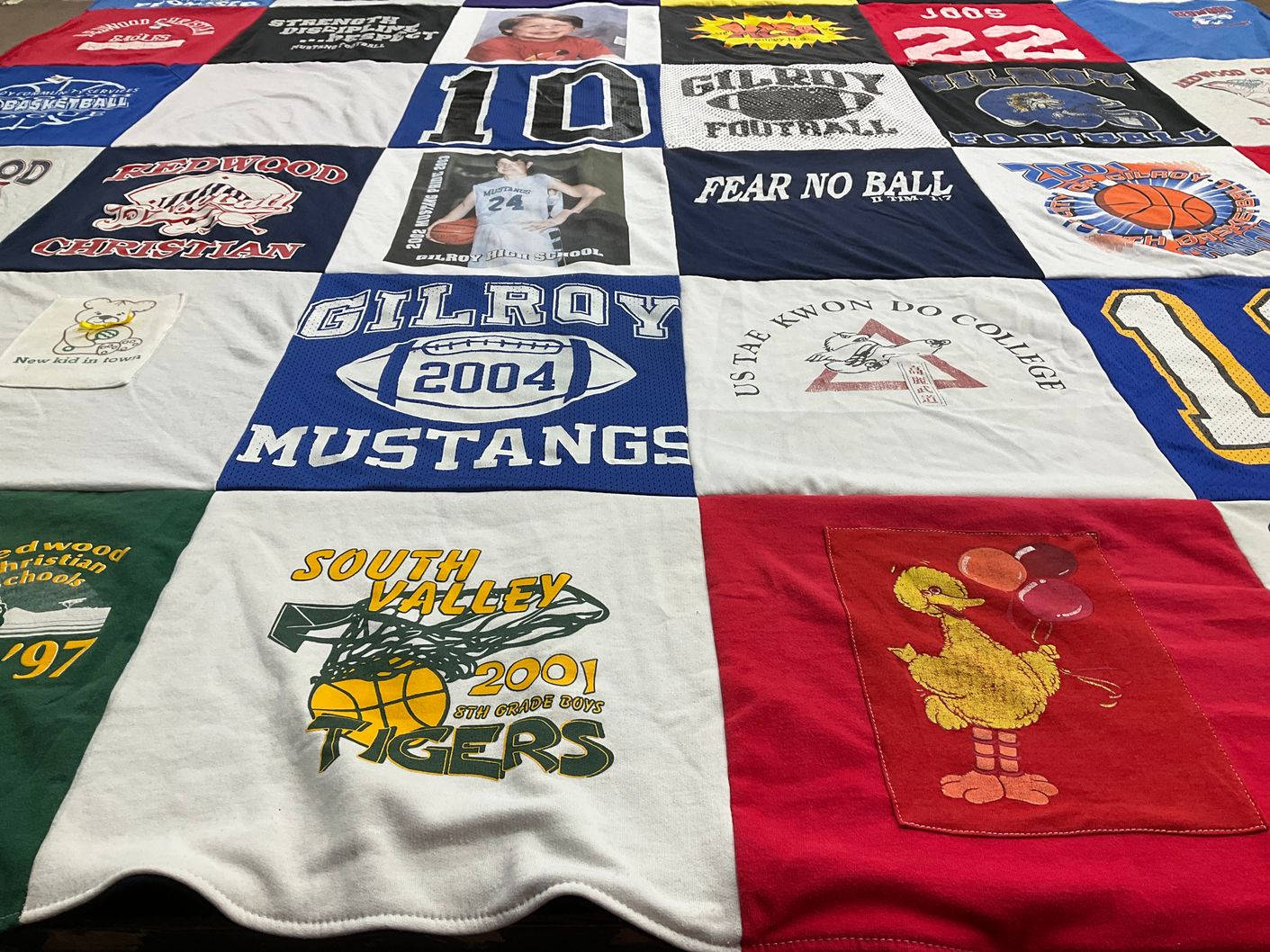 T-shirt quilt featuring gilroy mustangs, south valley tigers by Vicki from OR