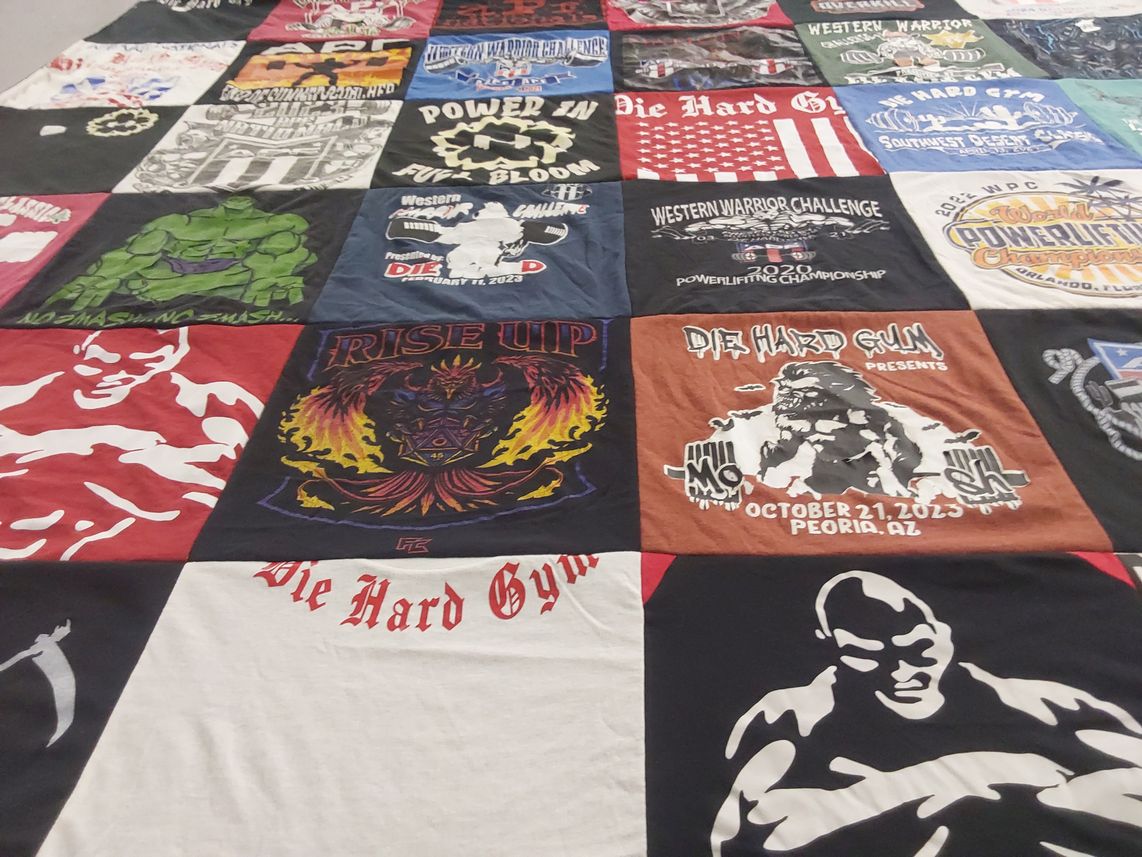 T-shirt quilt with powerlifting, fitness themes by Katie from AZ