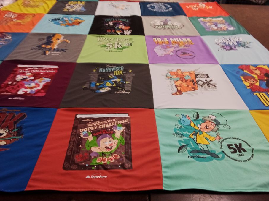 T-shirt quilt with running, disney themes themes by Sarah from CA