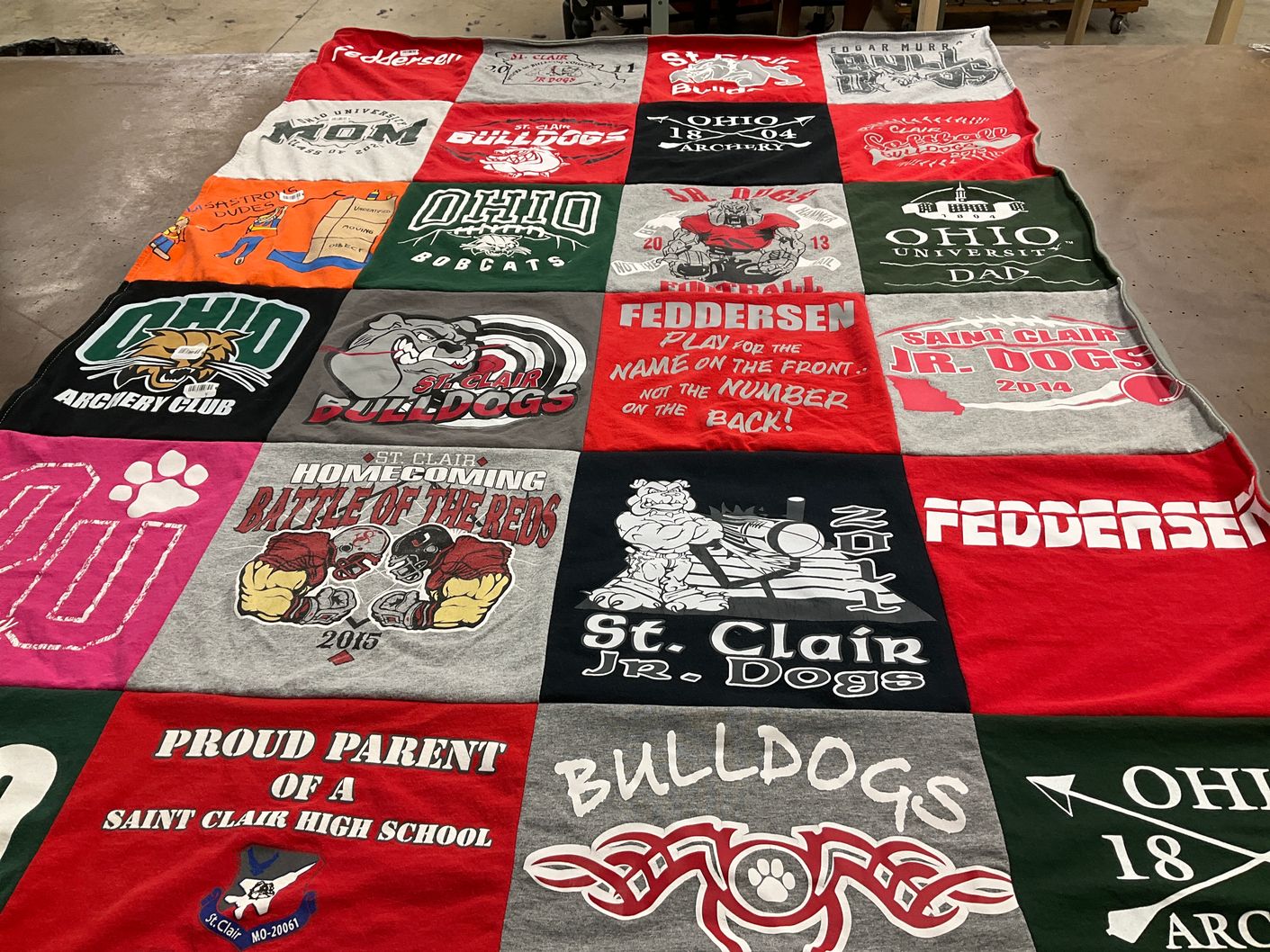 T-shirt quilt featuring ohio bobcats, saint clair jr. dogs by Tina from MO