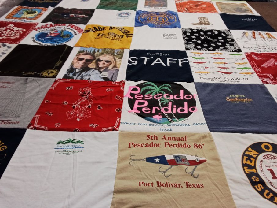 T-shirt quilt with fishing, golfing themes by Mark from TX