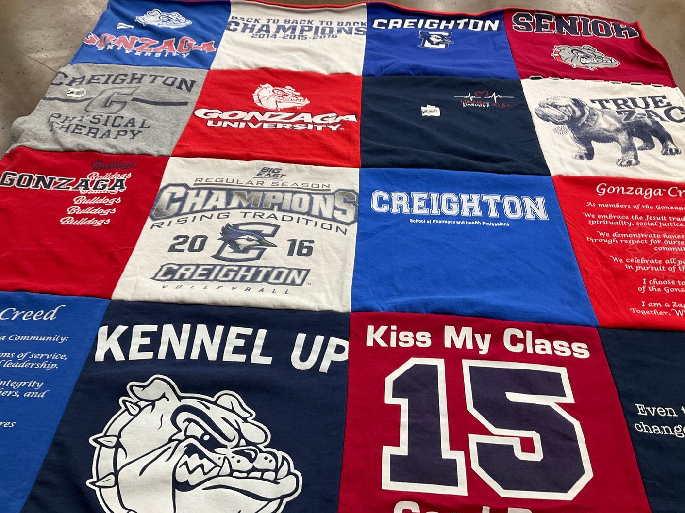 T-shirt quilt from creighton university, gonzaga university by Kristine from WA