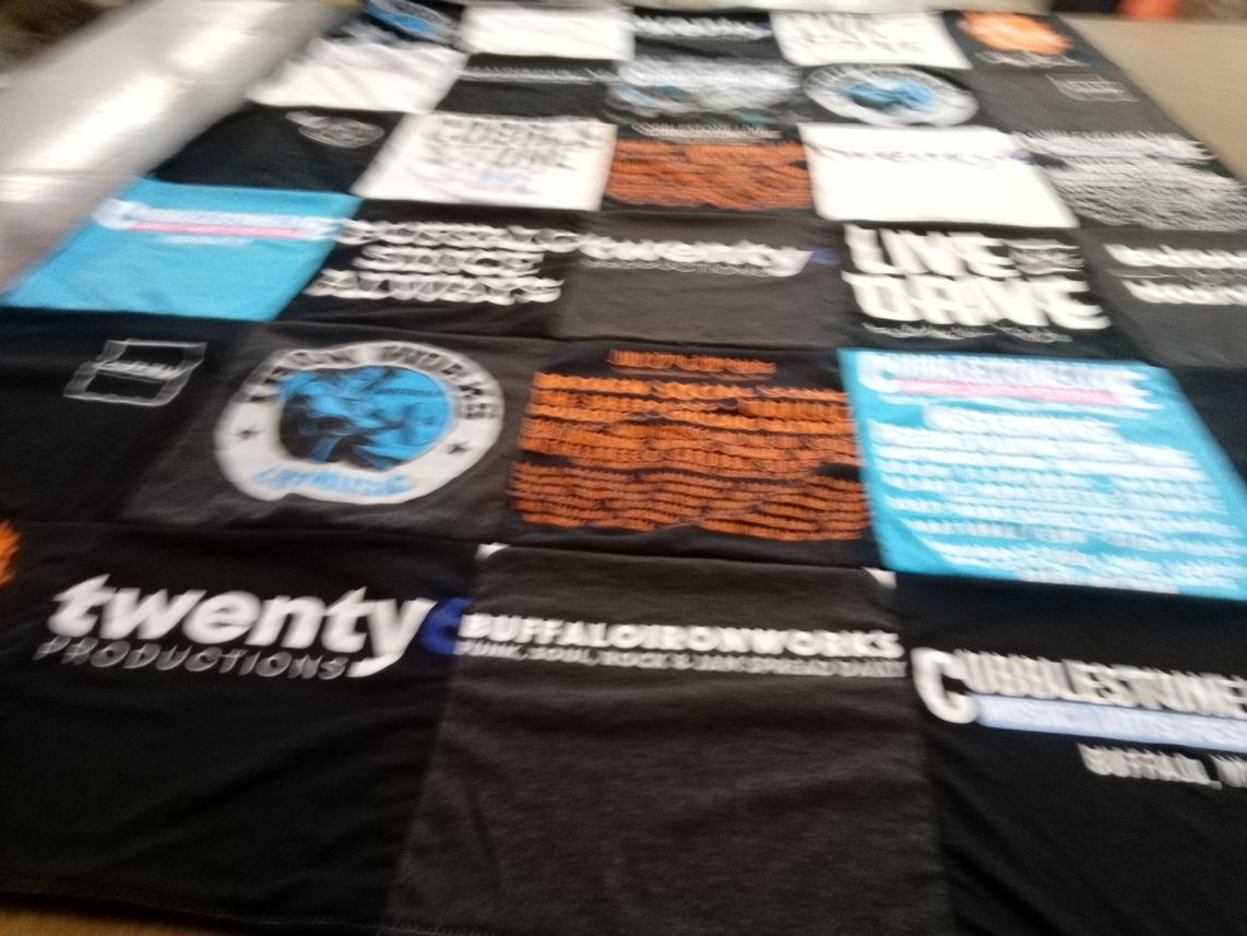 T-shirt quilt with music, theatre themes by Lindsay from NY