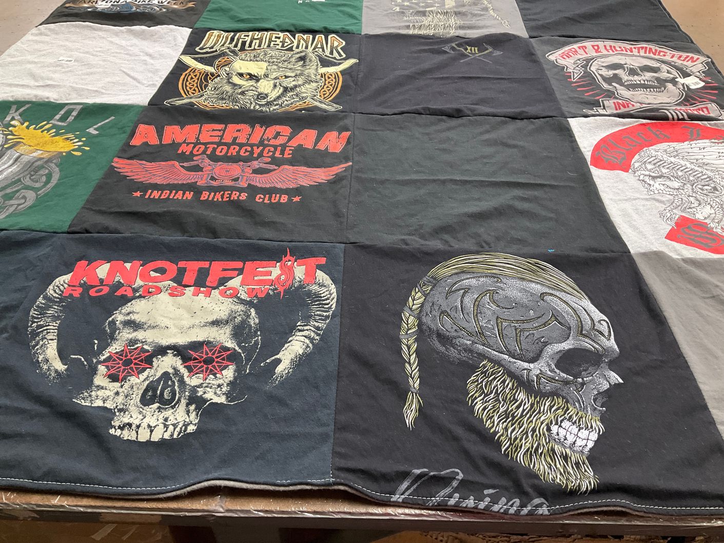 T-shirt quilt with motorcycles, biking themes by Darian from CO