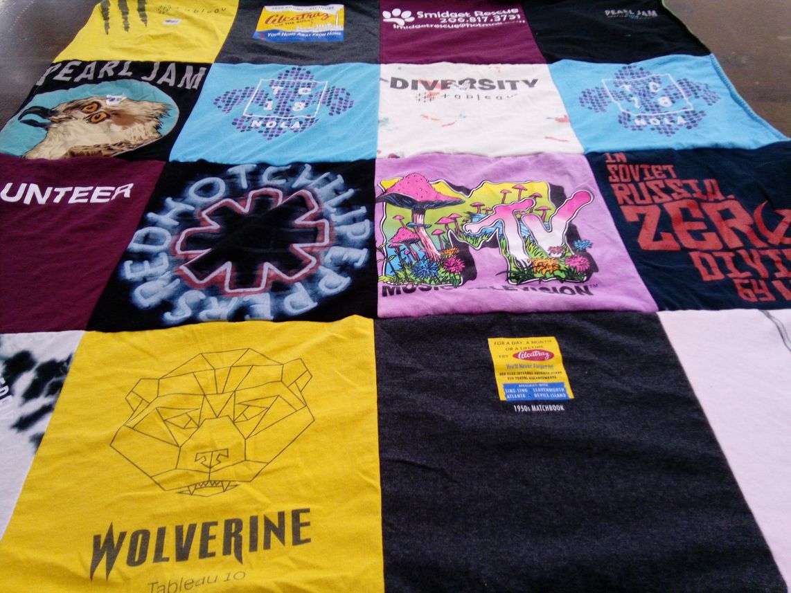 T-shirt quilt with music, volunteering themes by Maria from WA
