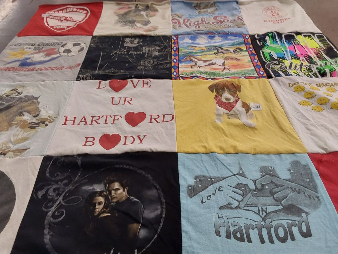 T-shirt quilt with sports, animals themes by June from CT