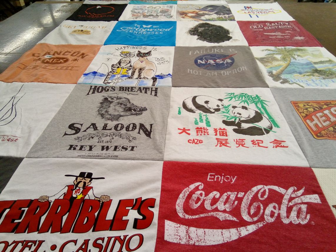T-shirt quilt with travel, beverages themes by John from FL
