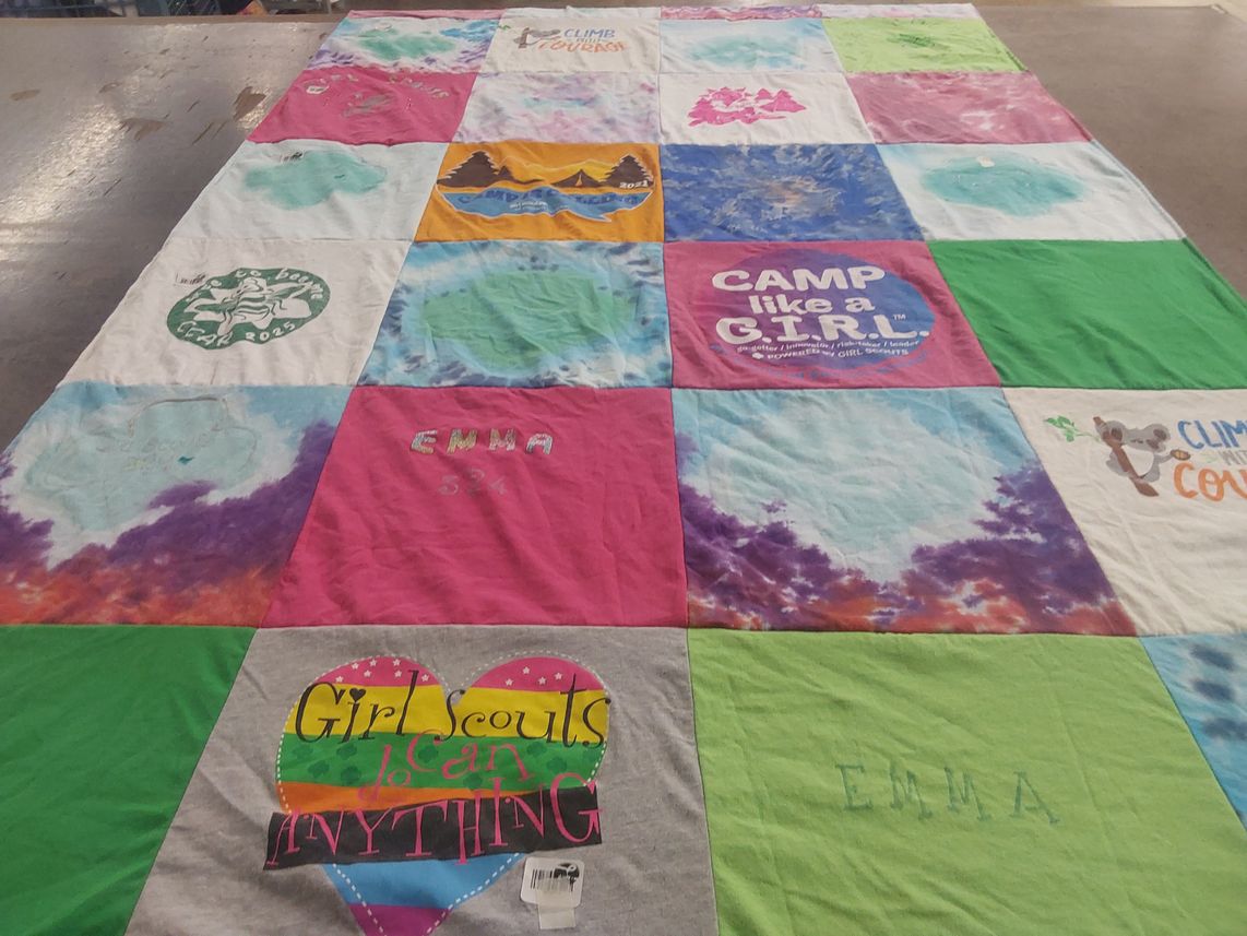 T-shirt quilt with camping, girl scouts themes by Judy from MO