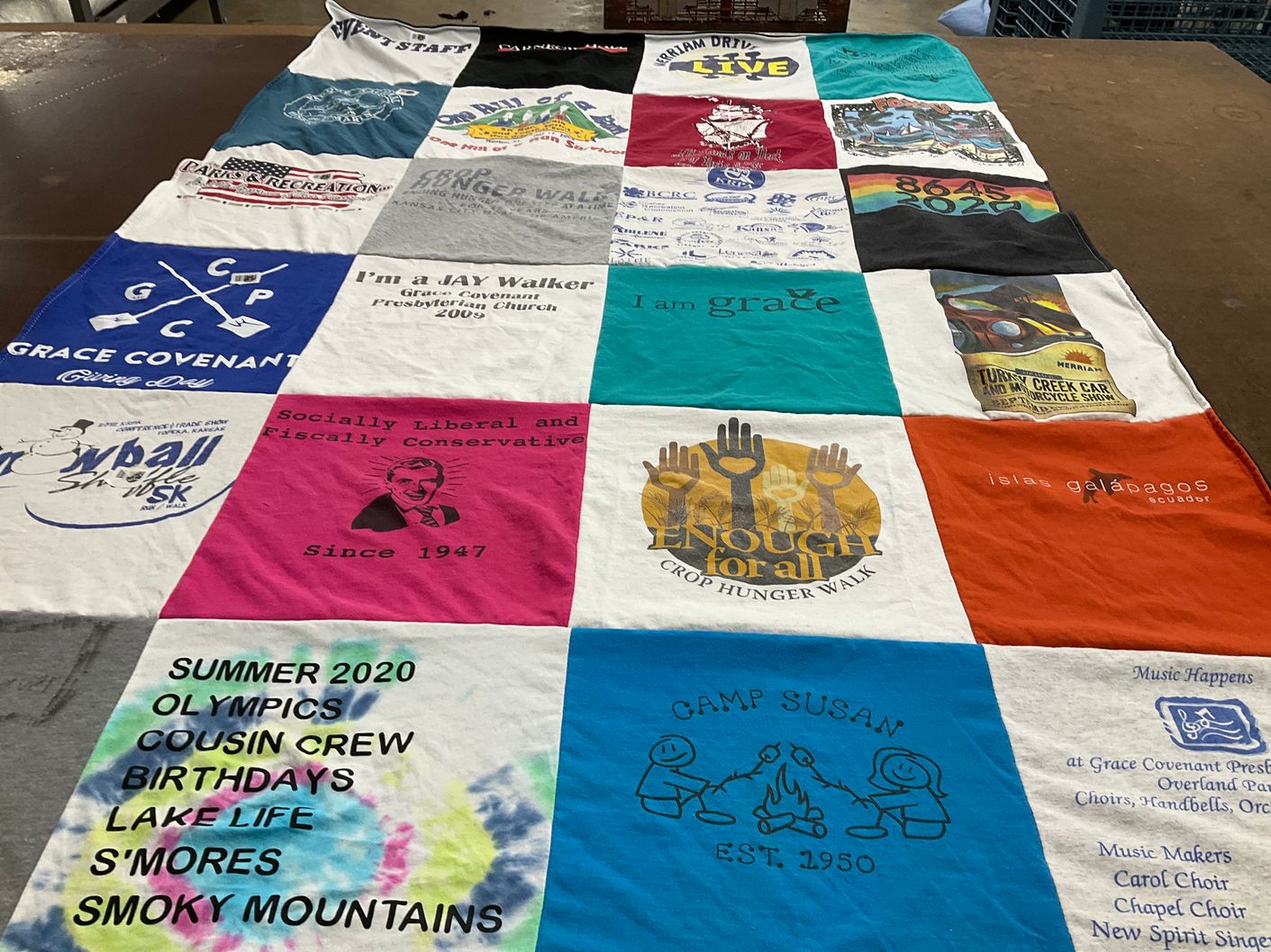 T-shirt quilt with camping, outdoors themes by Katie from KS