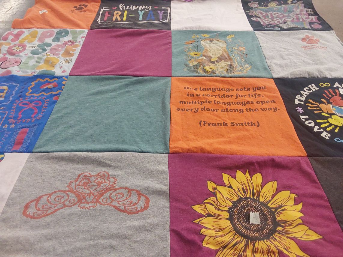 T-shirt quilt with teaching, languages themes by Domenic from MA