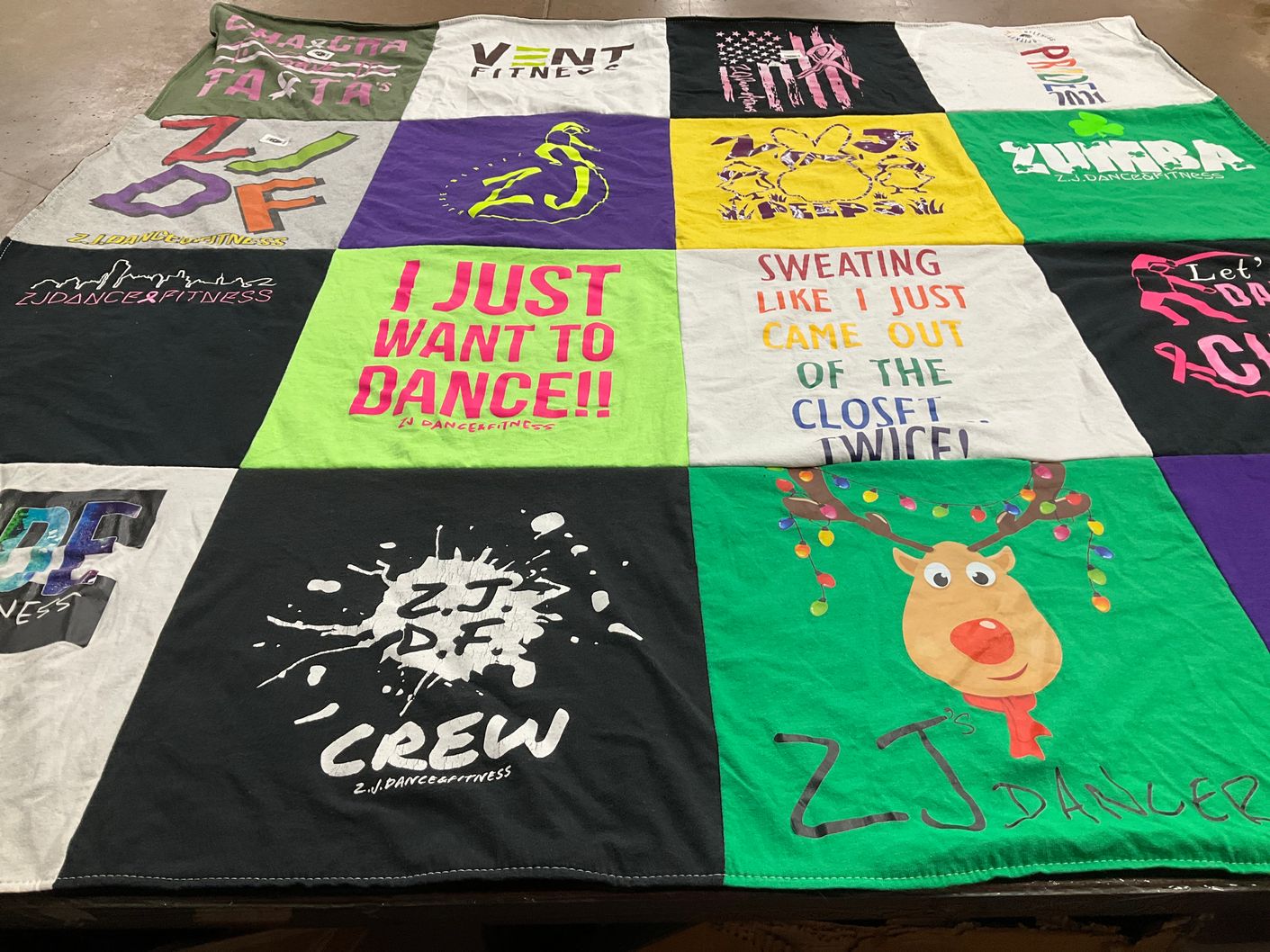 T-shirt quilt with dance, fitness themes by Jamie from SC