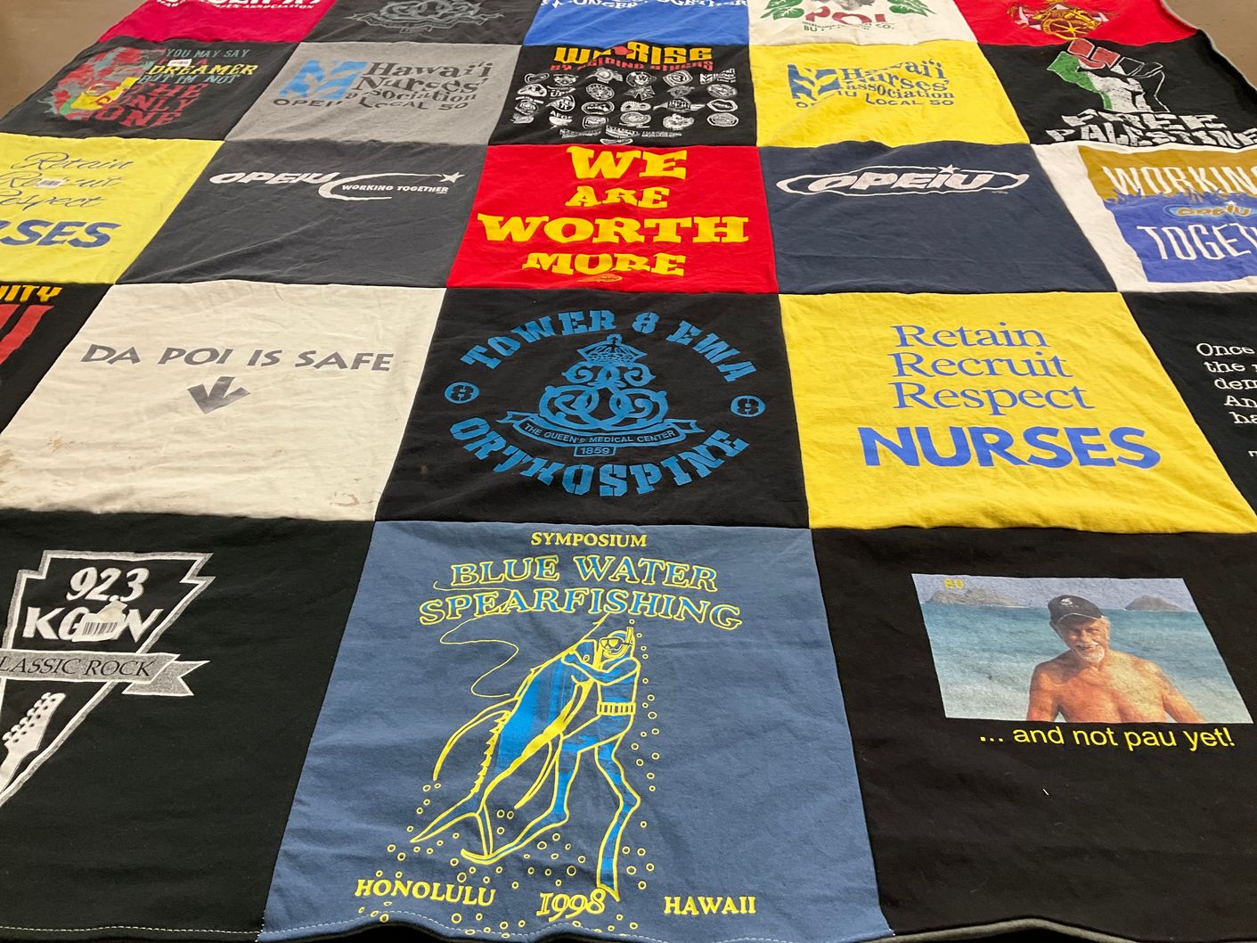 T-shirt quilt with spear fishing, nursing themes by Daniel from HI